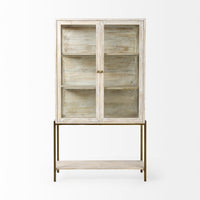 White wood display cabinet with glass doors and gold base 