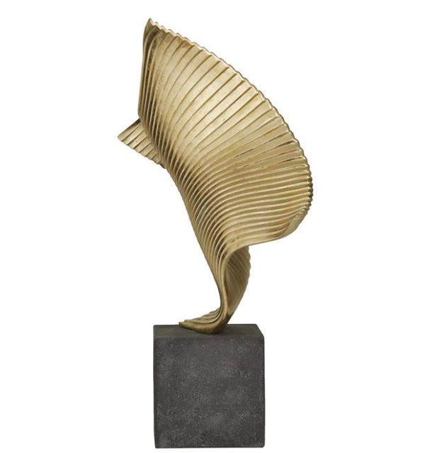 back view of modern golden waves sculpture