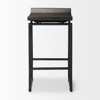 industrial modern counter stool with low back and dark stained wood seat