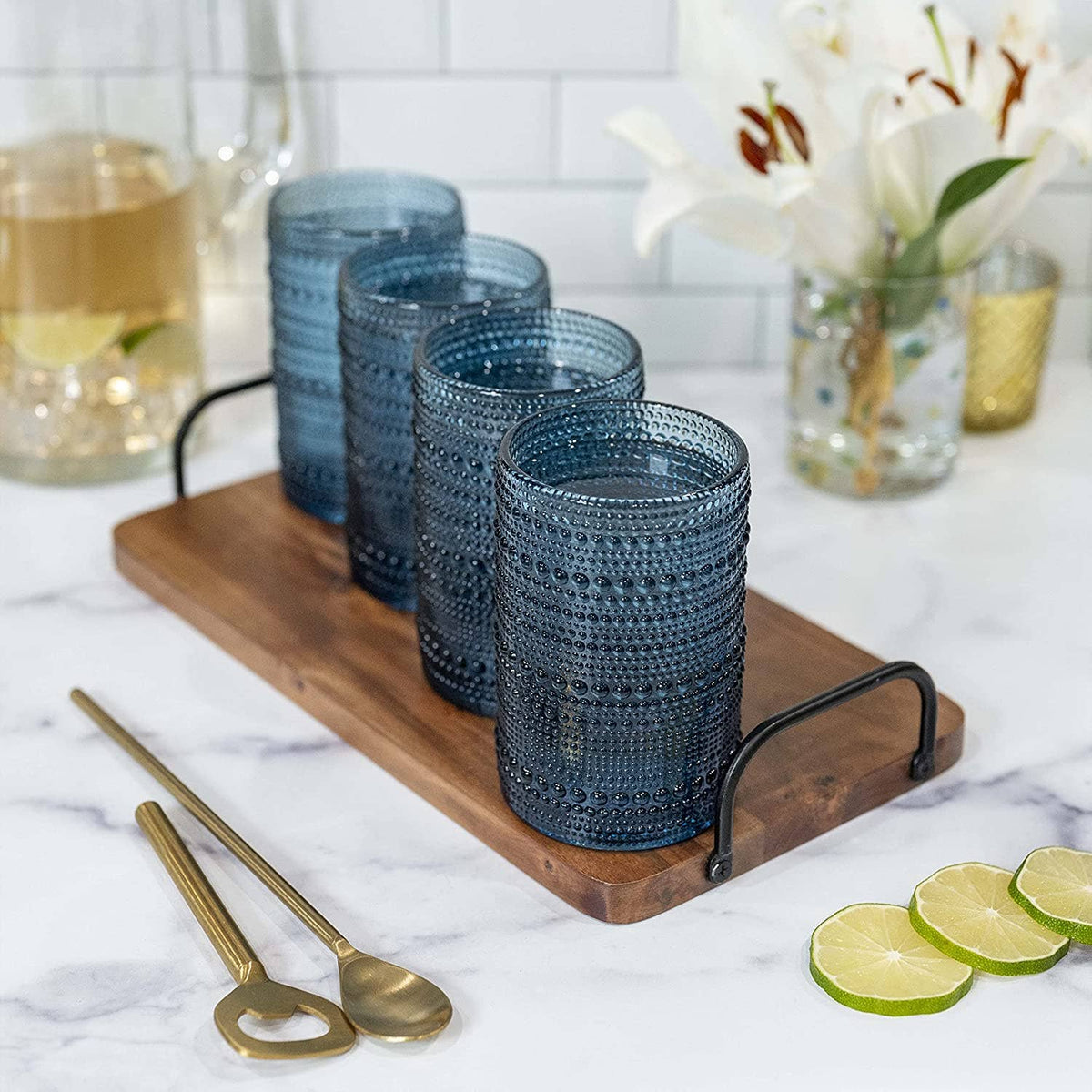 Hobnail Drinking Glasses - Blue 13 oz ( Set of 4 )