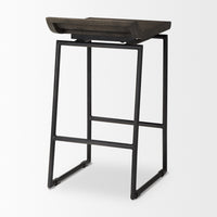 back view of givens bar stool - low back wood seat black metal legs