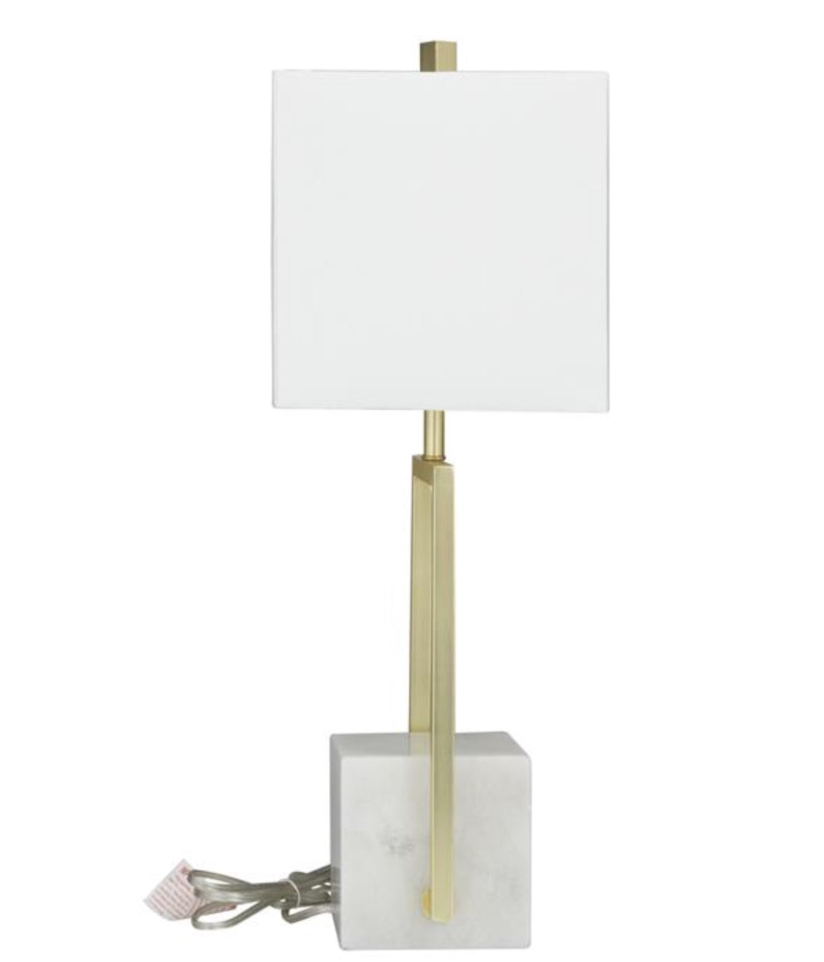 Side view of gold marble square table lamp